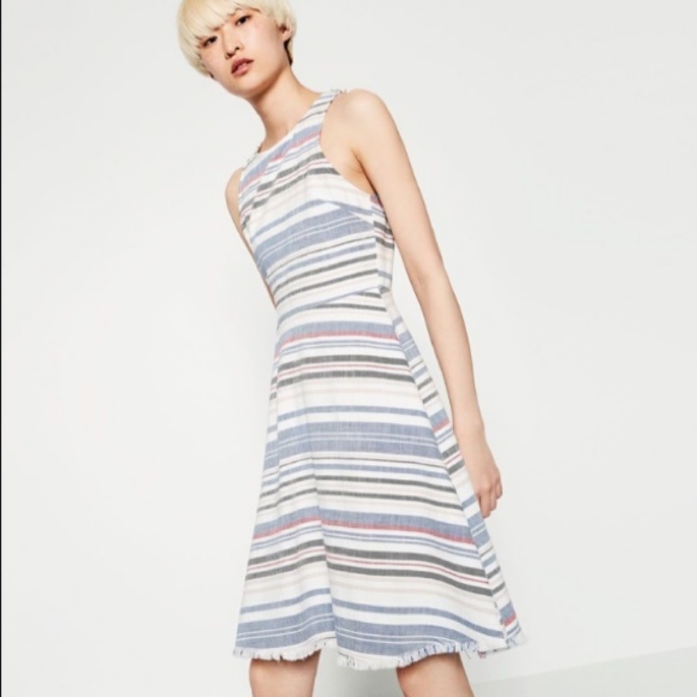Zara Basic Denim Couture Dress Stripe Frin…